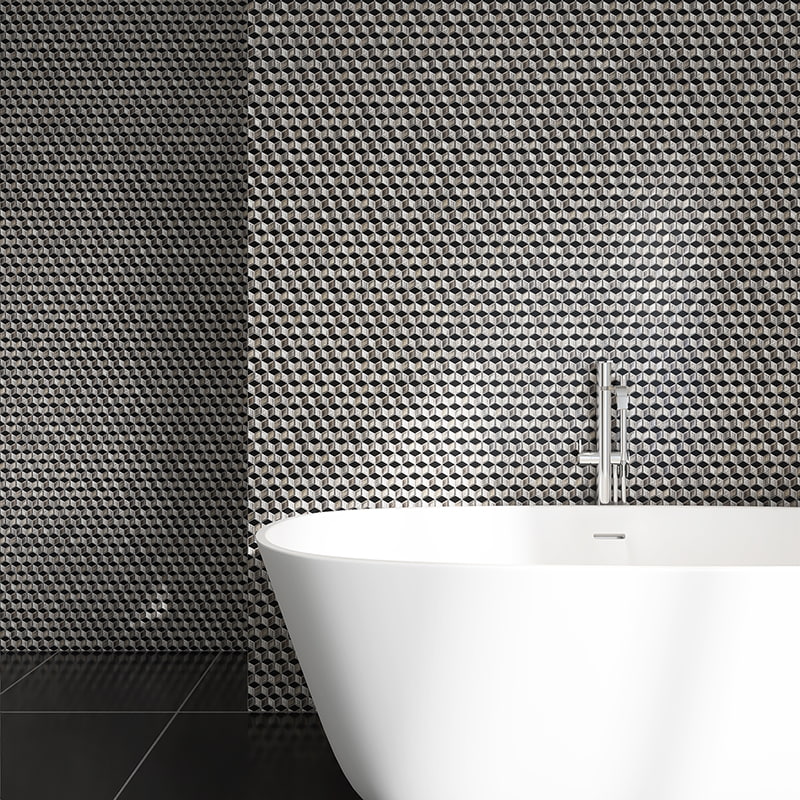 3D metallic cube mosaic tiles used on a bathroom wall