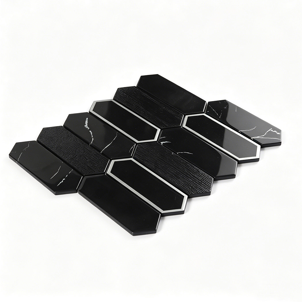 Perspective view of black picket glass mosaic with silver framed accents