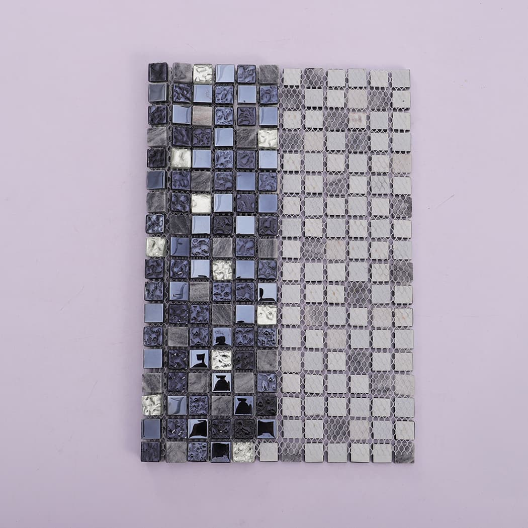Black silver glass and stone mosaic tile with mesh backing view