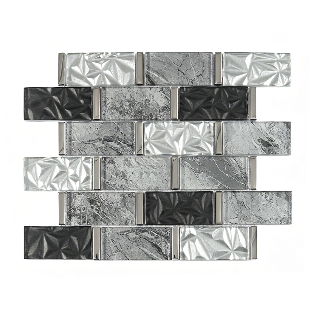 Front view of black silver gray glass and metal subway mosaic in brick layout