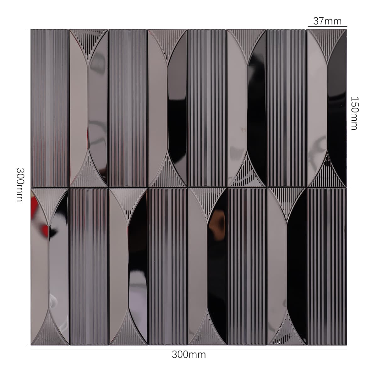 Full tile sheet in black stainless steel with measurements in millimeters