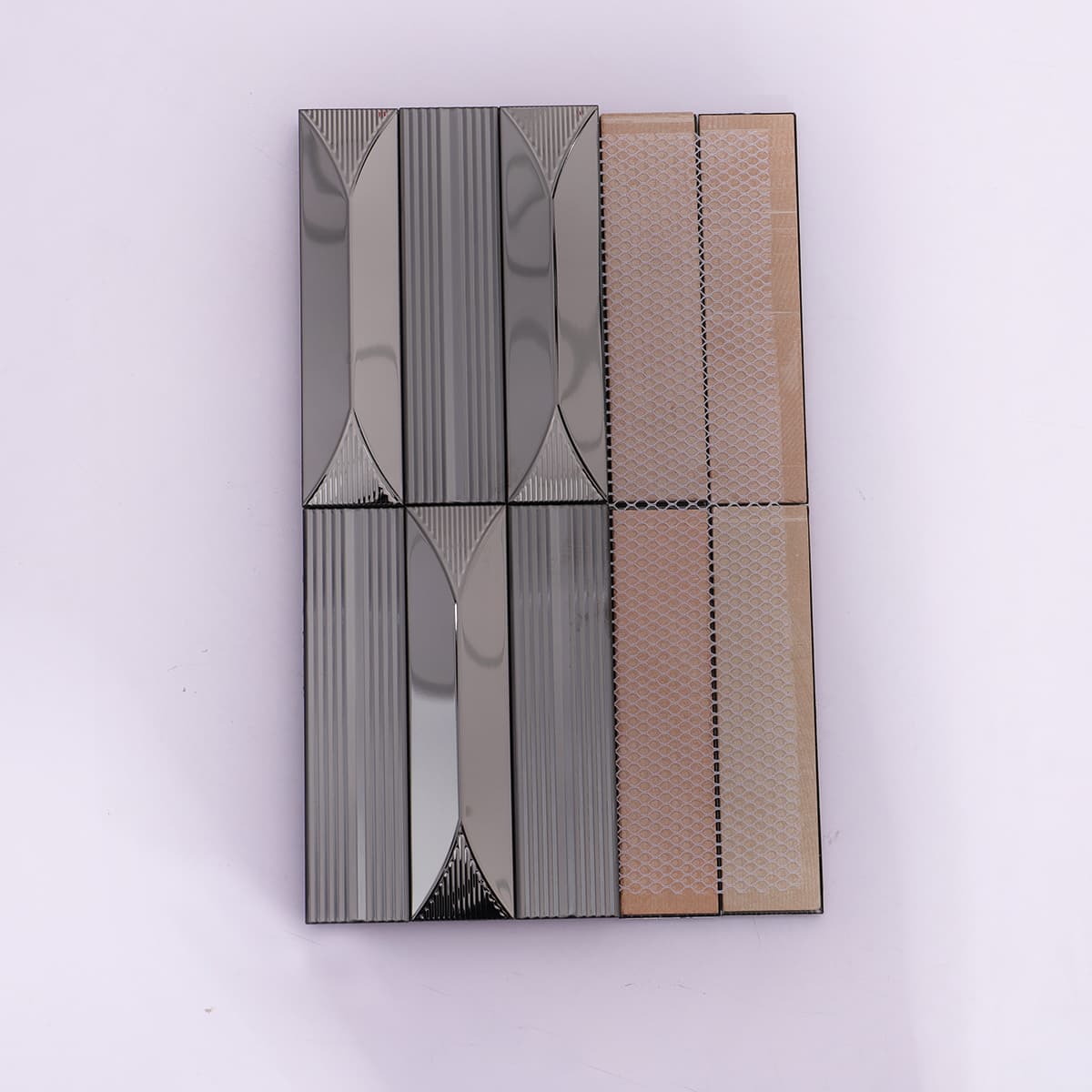  Black stainless steel mosaic tile sheet with vertical lines and curved details