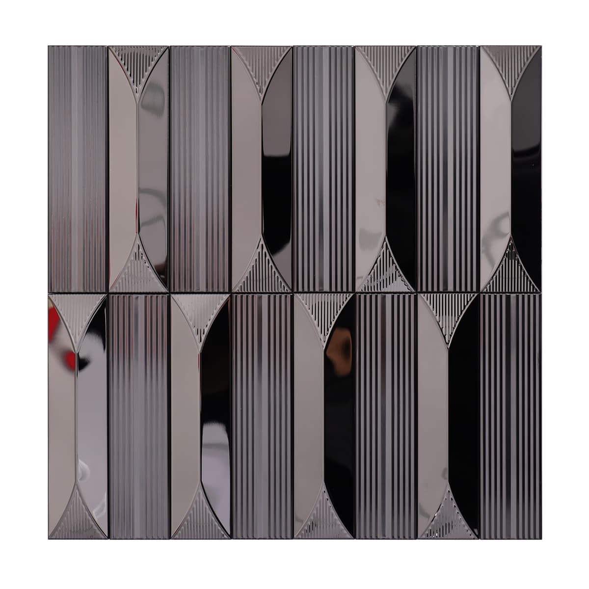 Full view of black stainless steel mosaic tile with linear groove pattern