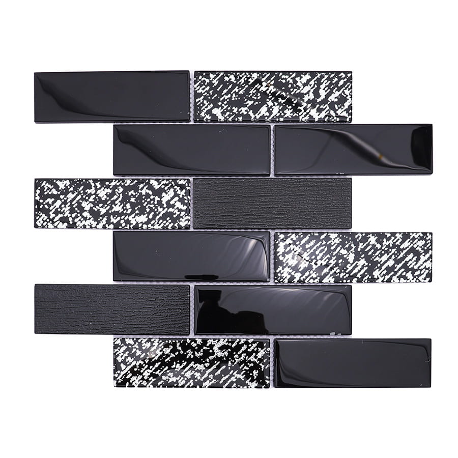 Black and silver rectangular subway glass mosaic tile with size measurements
