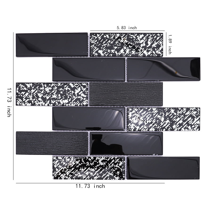 Front view of black and silver rectangular subway glass mosaic tile sheet