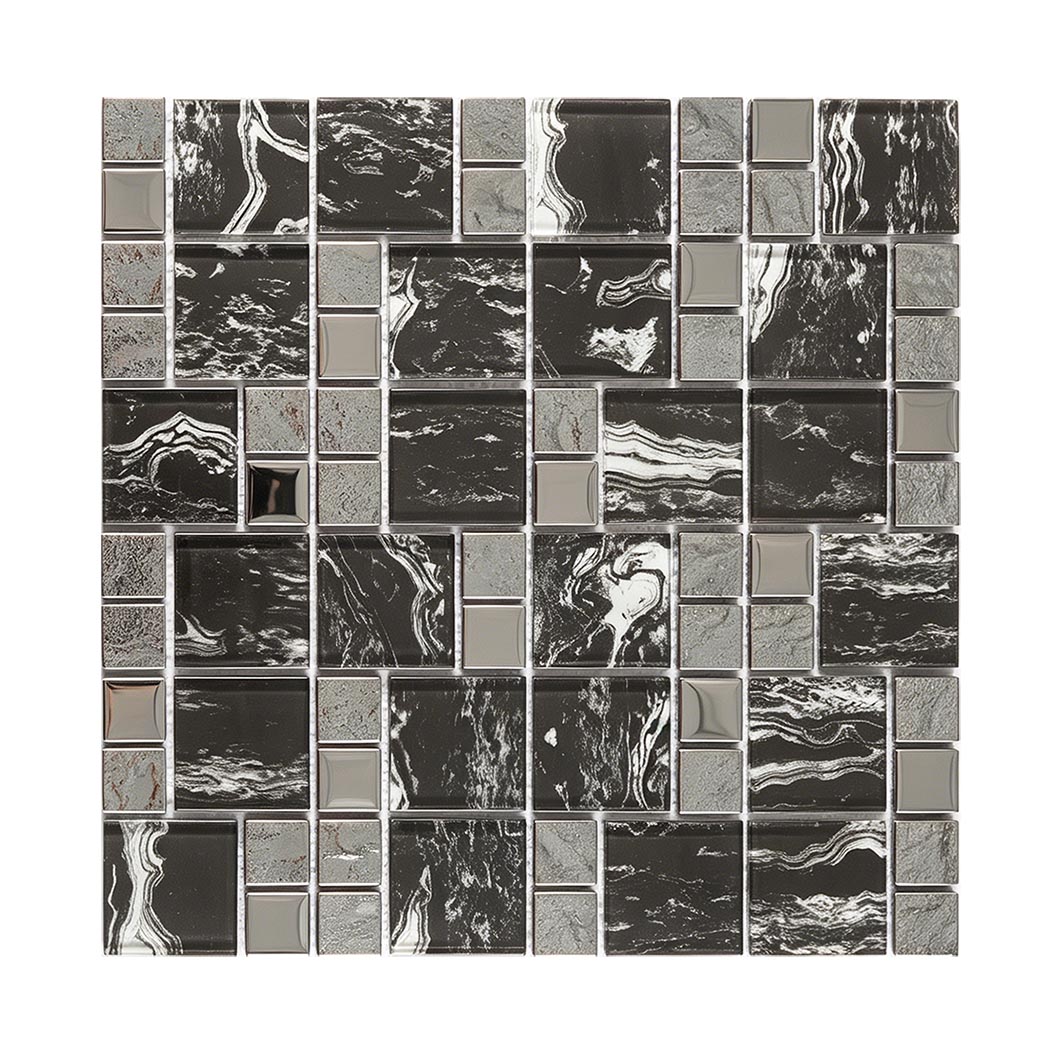 Full sheet of black silver veined and gray mixed square glass mosaic tiles