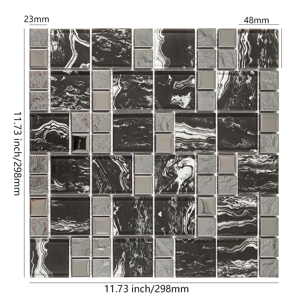 Black silver veined glass mosaic sheet with 23mm and 48mm mixed square tiles