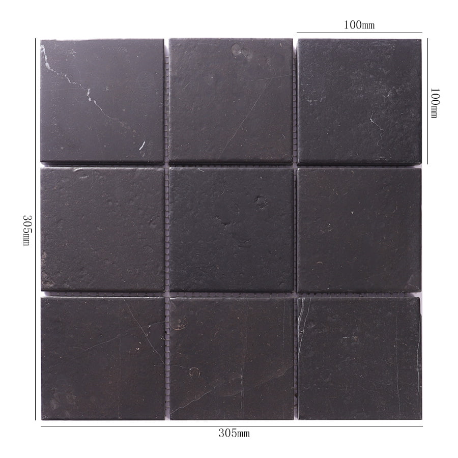 Black square stone mosaic tile sheet with measurement dimensions