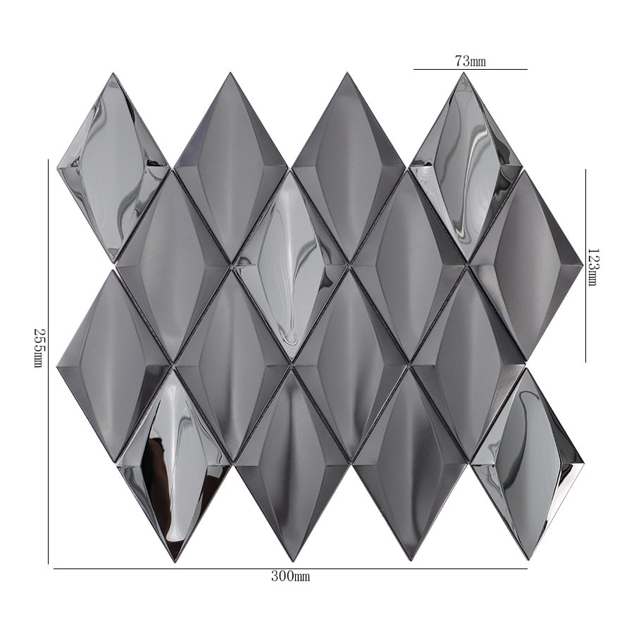 Black stainless steel diamond mosaic tile sheet with size measurements