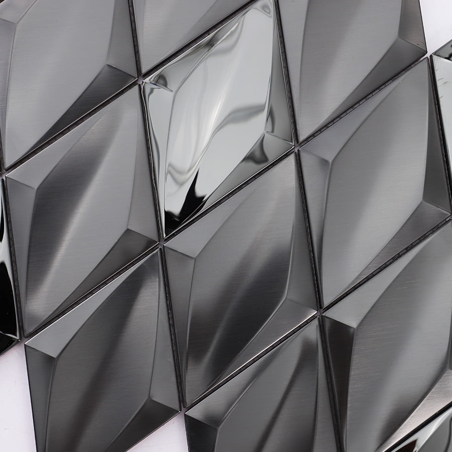 Close-up surface of black stainless steel diamond mosaic tiles in sheet