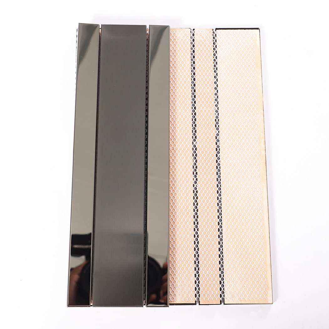 Back mesh backing of black stainless steel linear subway wall tile sheet