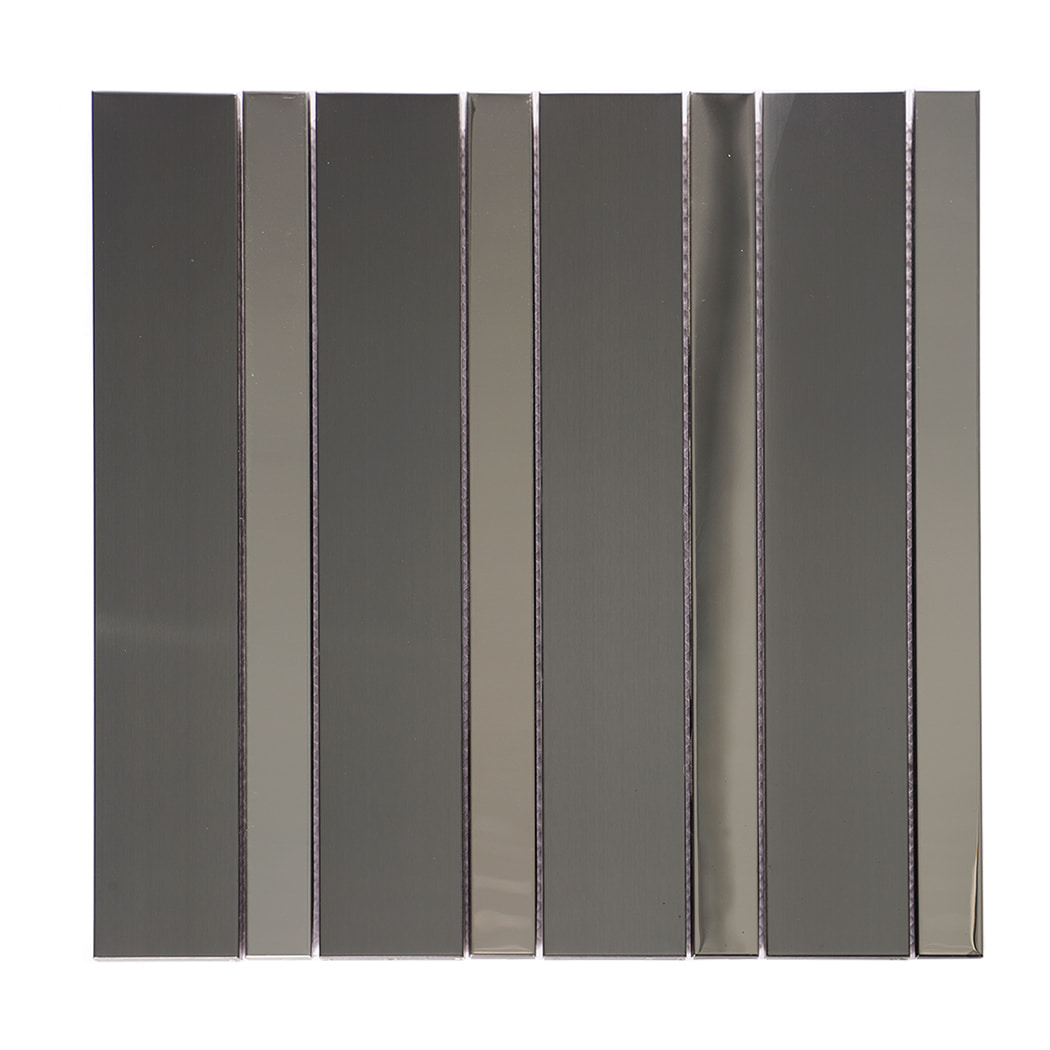 Front view of black stainless steel linear subway wall tile sheet for wall decor