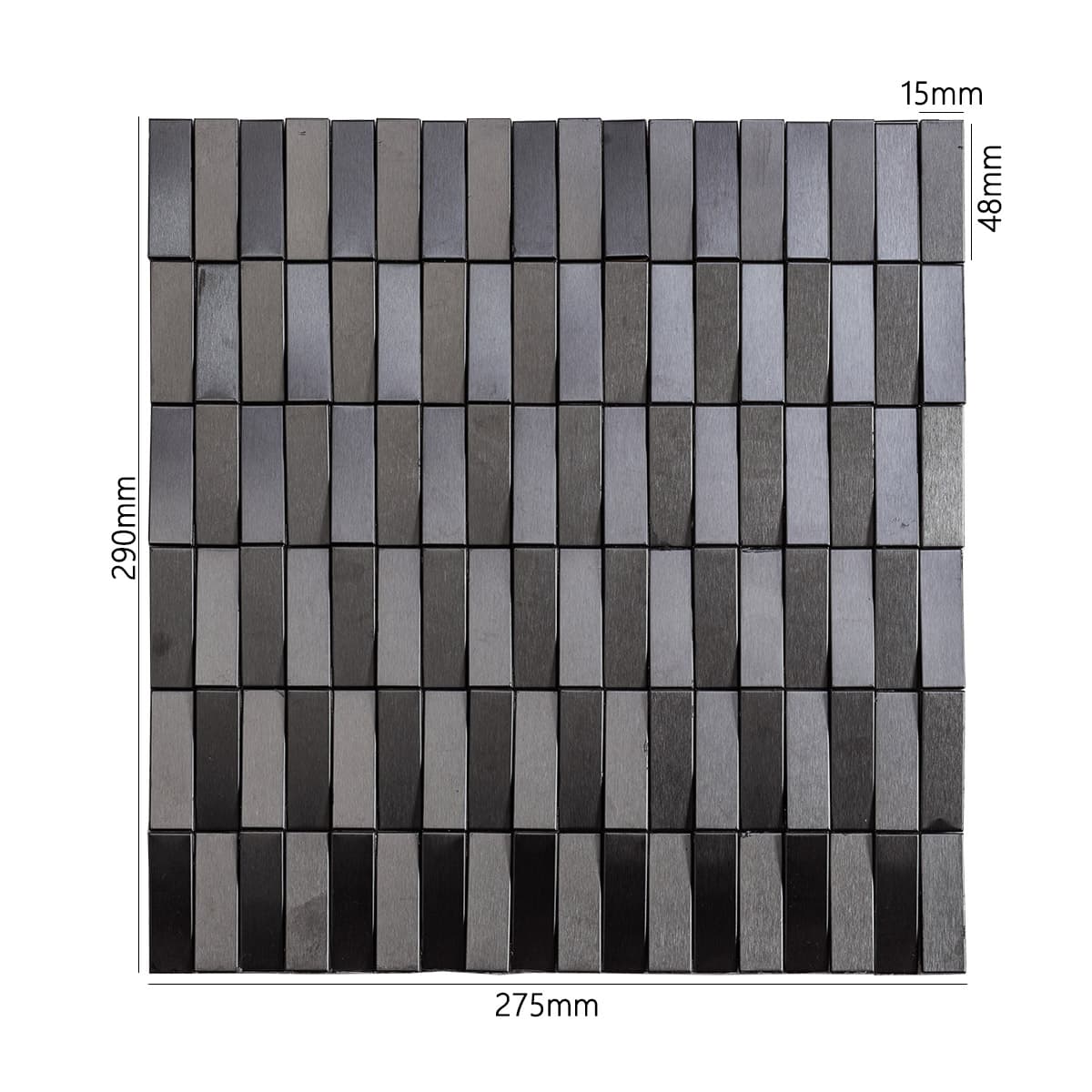 Dimensions of black stainless steel long strip 3D mosaic tile sheet – 275×290mm
