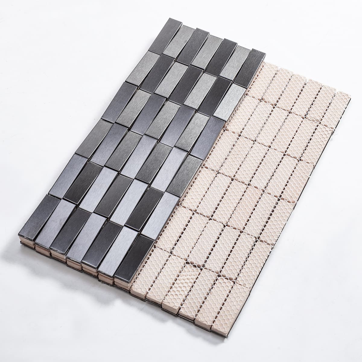 Front and back view of black stainless steel long strip 3D mosaic tile with mesh backing