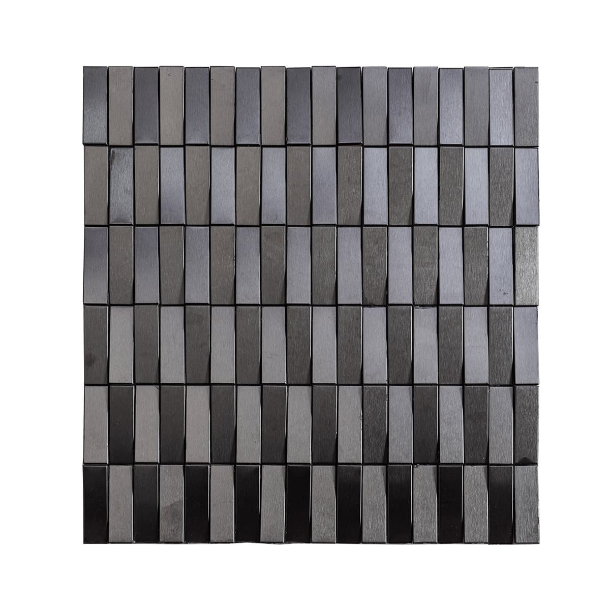 Top view of black stainless steel long strip 3D mosaic tile sheet with brushed metallic finish