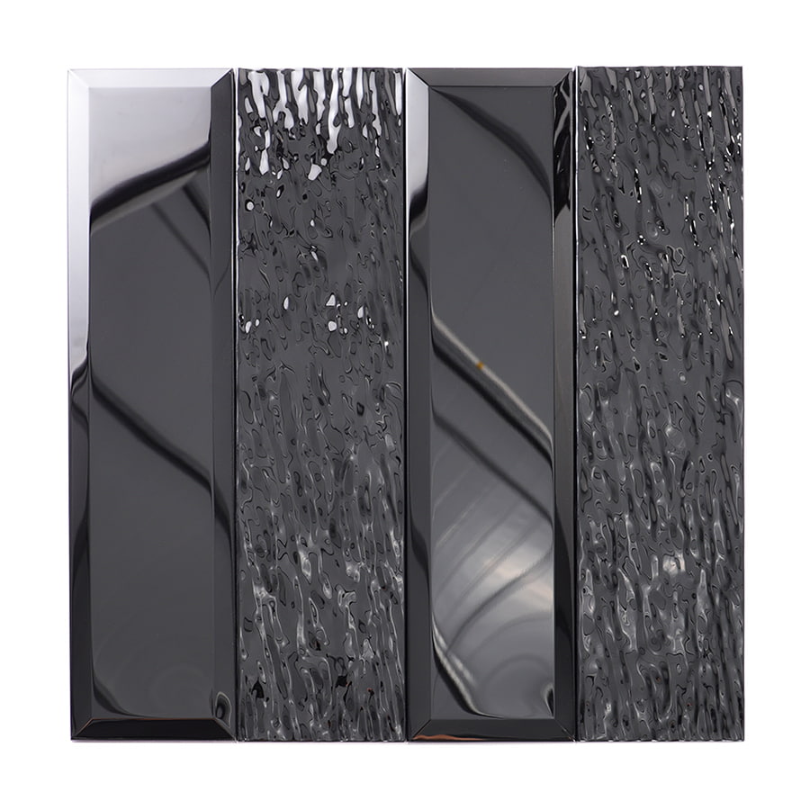 Full sheet of black stainless steel vertical subway mosaic tile in glossy finish