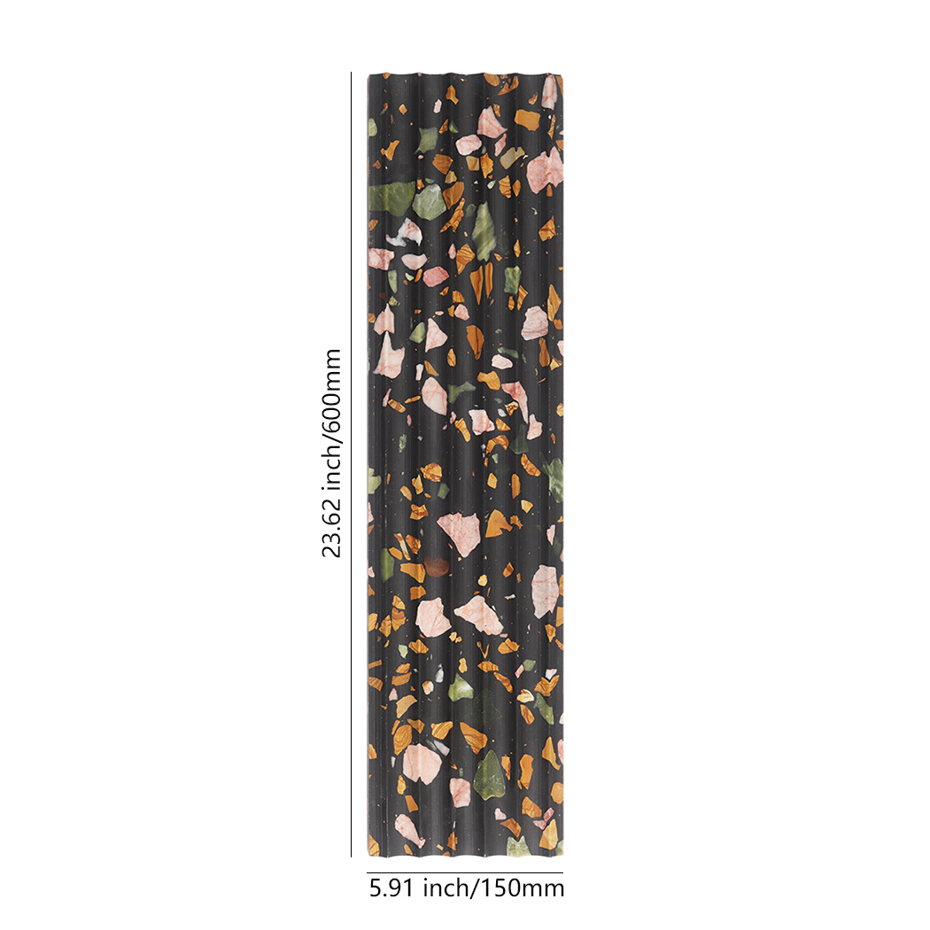 Black terrazzo fluted tile showing 150mm by 600mm size