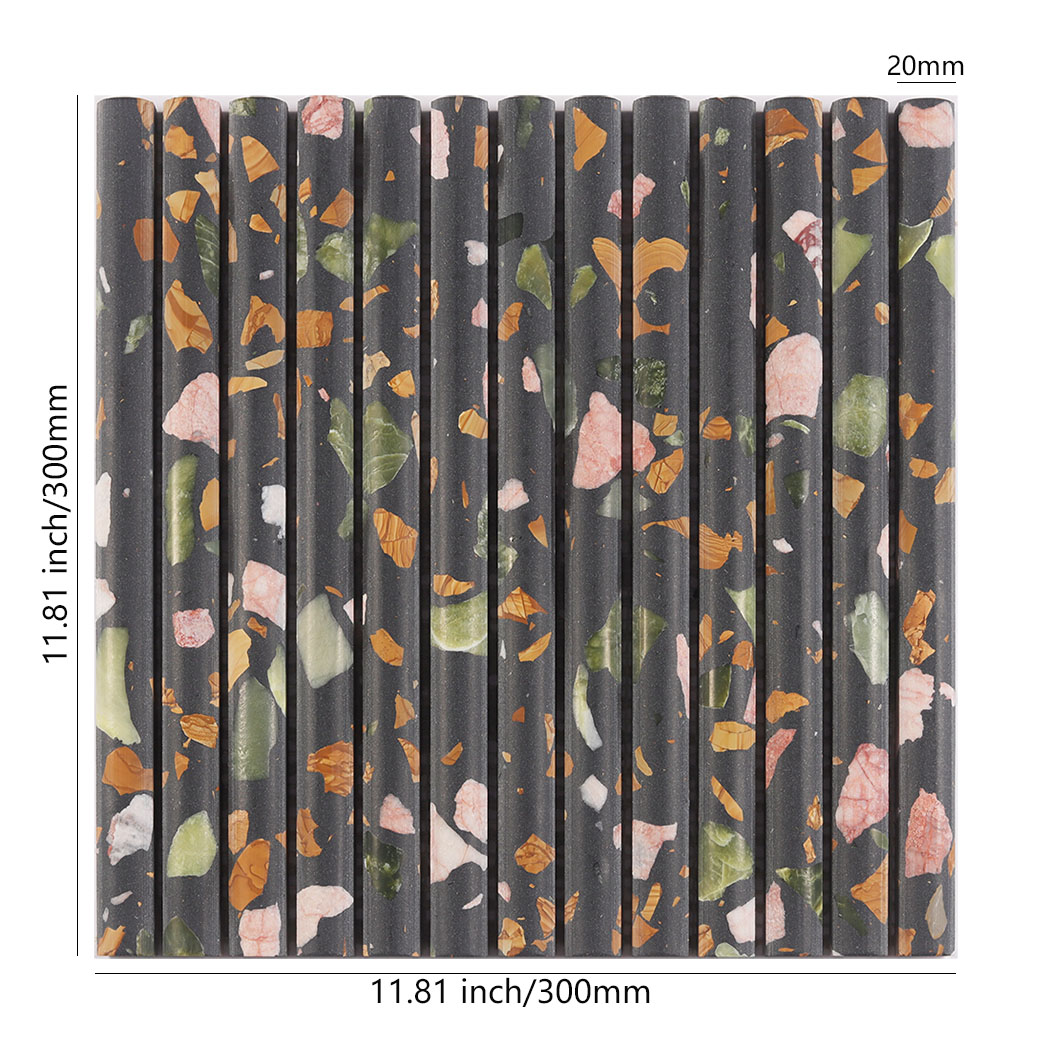 Black terrazzo rounded fluted mosaic tile sheet with 20mm strips and 300mm size