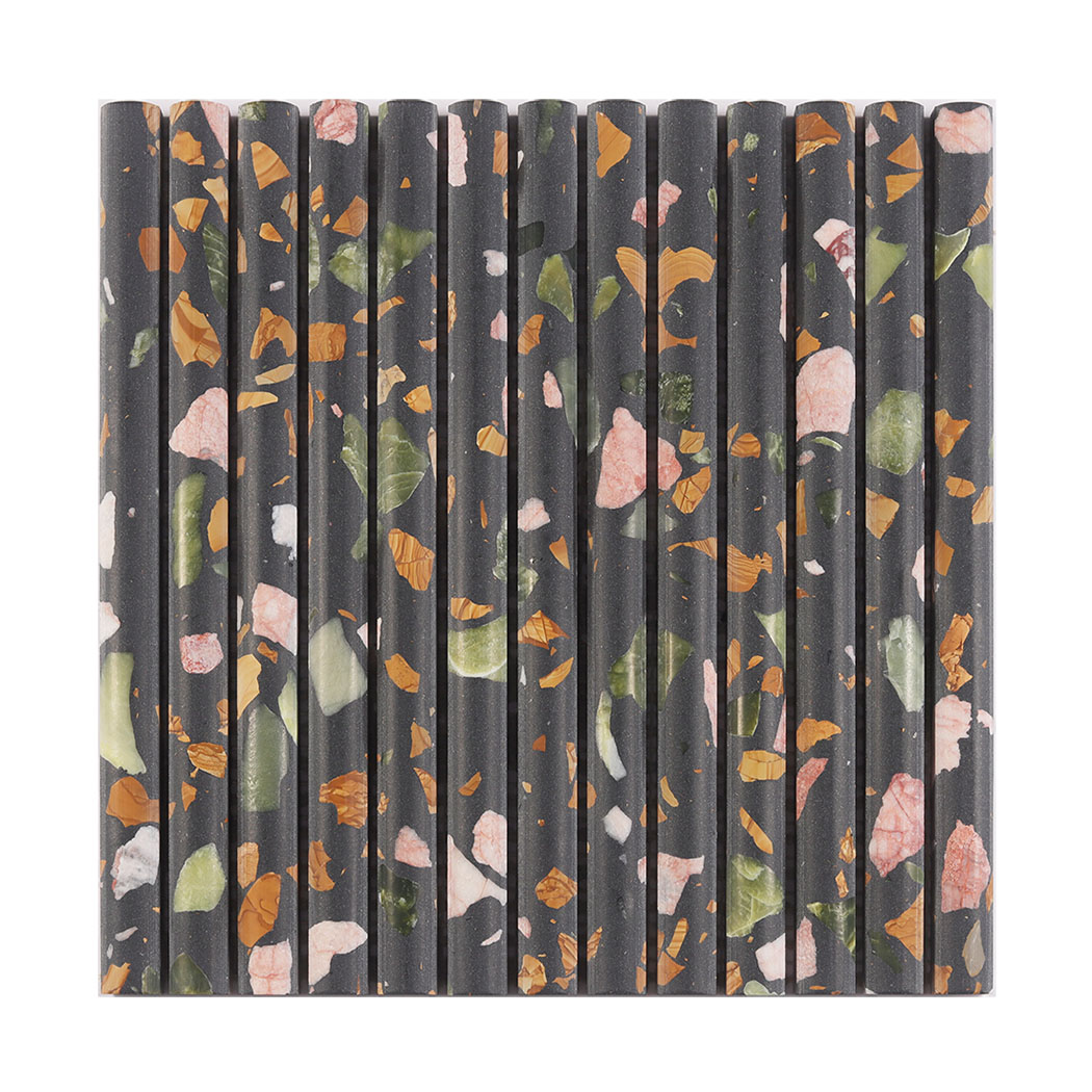 Full sheet of black terrazzo rounded strip mosaic tile with colorful stone chips