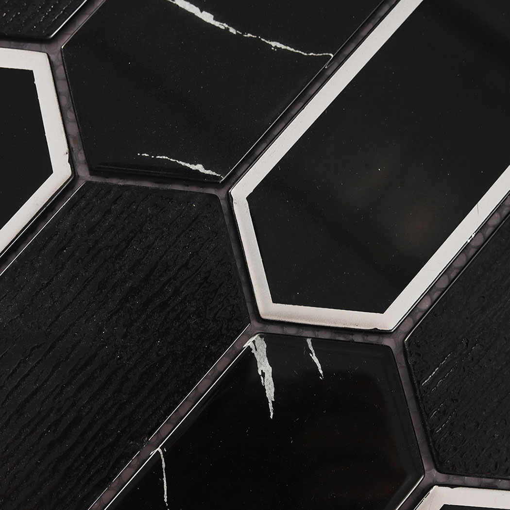 Detailed black picket glass tiles with white veins, texture, and silver frames