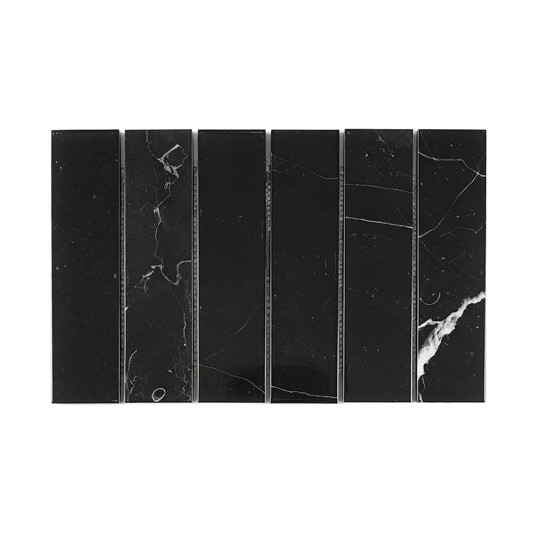 Black vertical marble strip mosaic with fine white natural veining