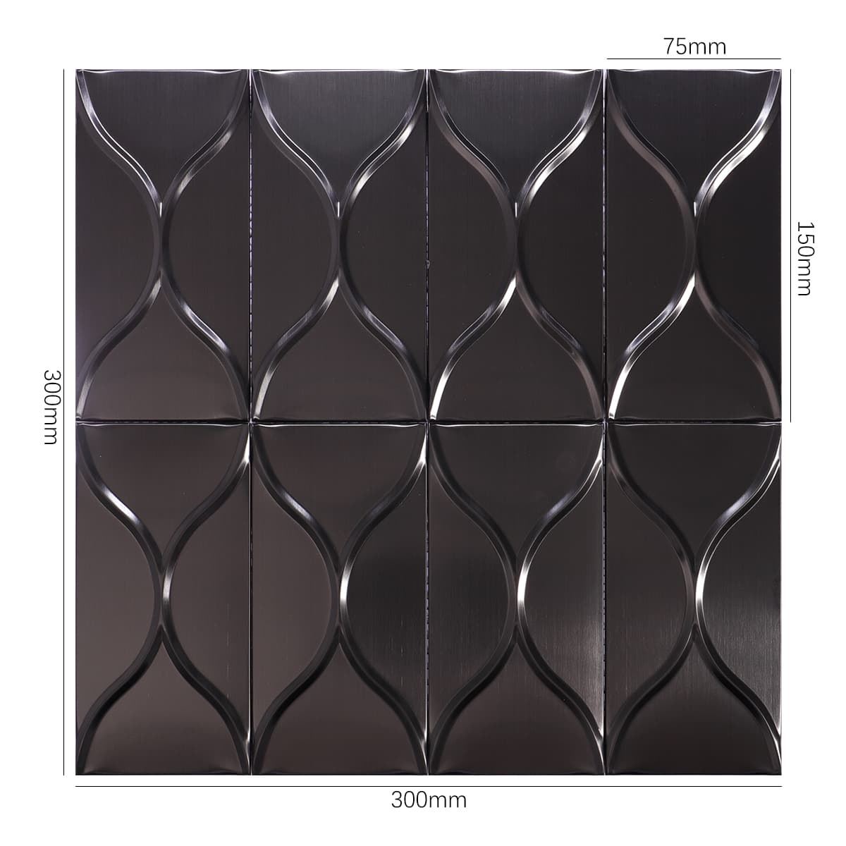 Full front view of black curved stainless mosaic tiles