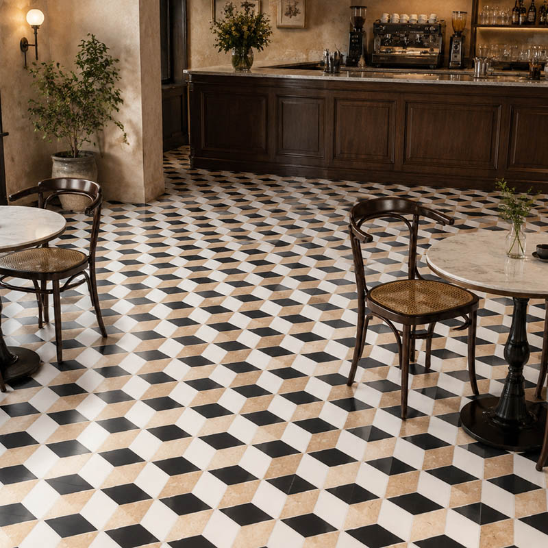 Black, white and beige geometric mosaic floor tiles in a warm vintage cafe interior