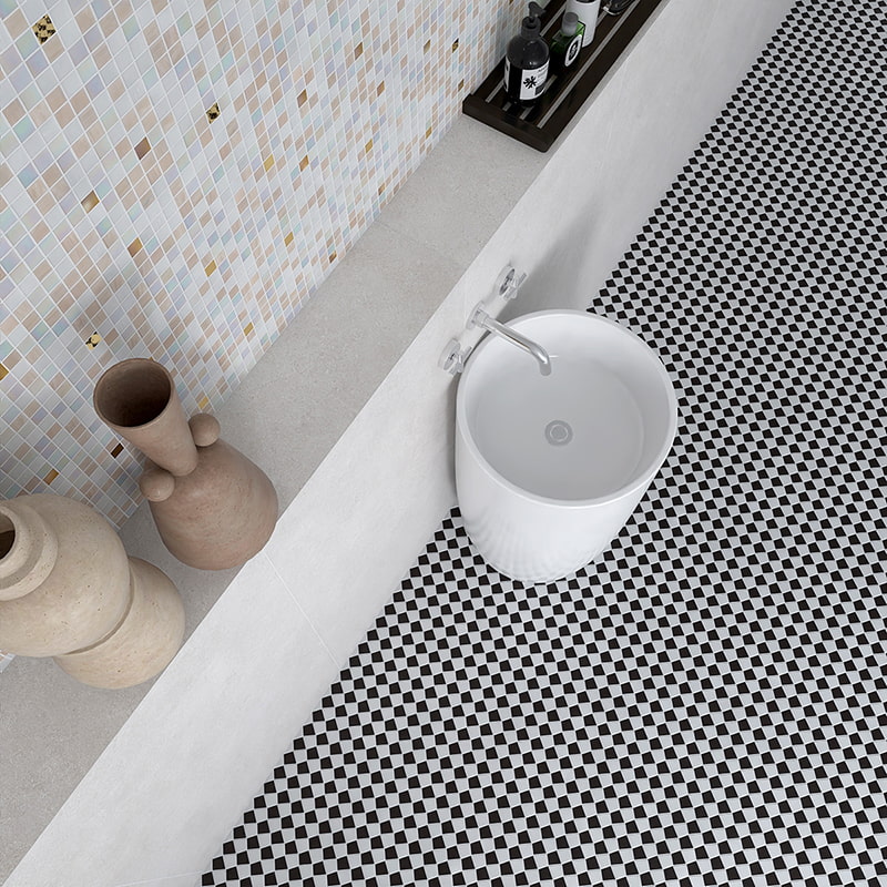Black and white checkerboard mosaic tiles used in a modern bathroom floor 
