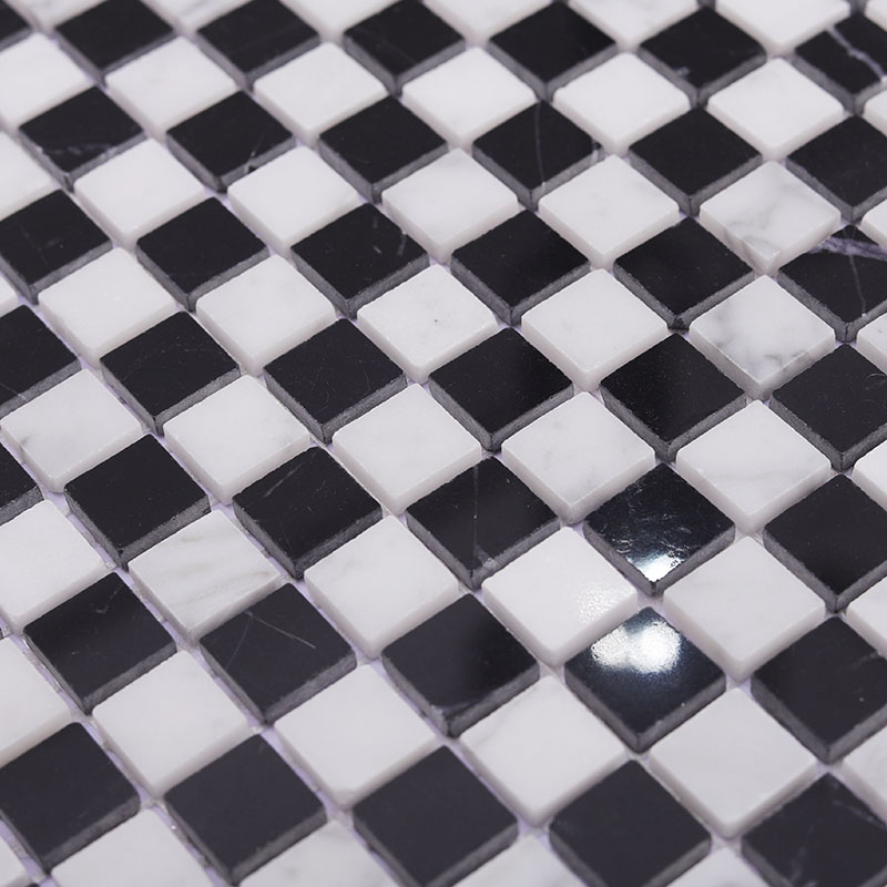 Black and white checkerboard marble mosaic tile with small square pieces