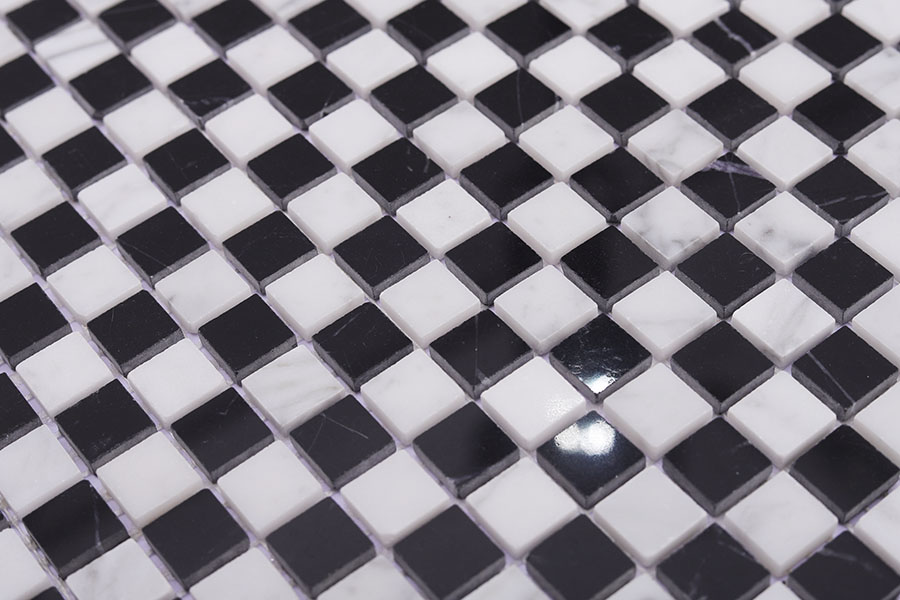Black and white marble checkerboard mosaic tile sheet with polished squares