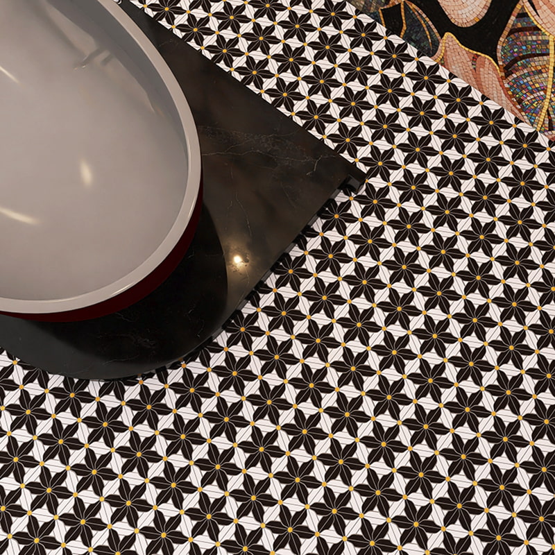 Black and white marble floor tile with floral mosaic pattern 