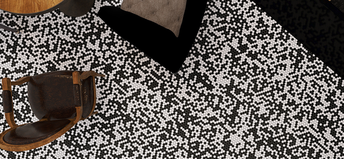 Dynamic black and white hexagon mosaic tile floor with pixel-style pattern
