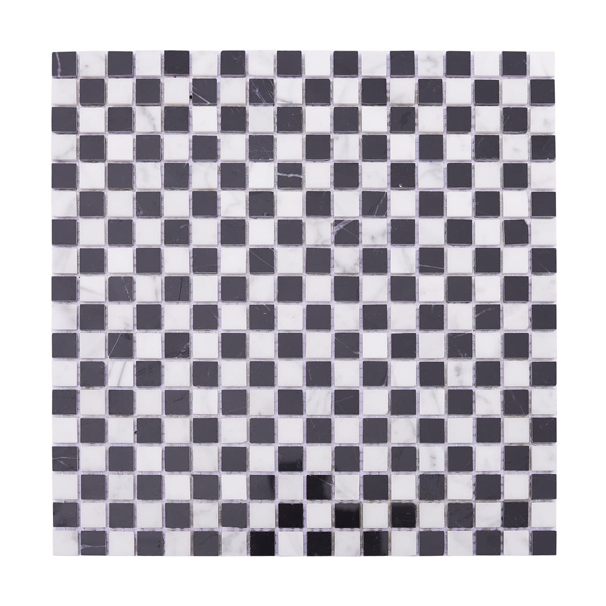 Front view of black and white marble checkered mosaic tile in square pattern