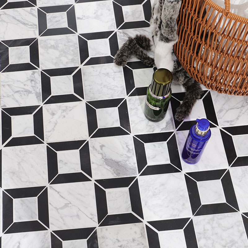 Black and white marble geometric floor mosaic tile with 3D square pattern