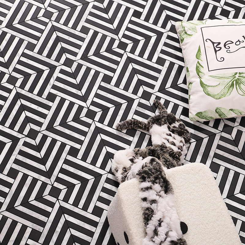 3D geometric floor tile in black and white marble with optical illusion pattern