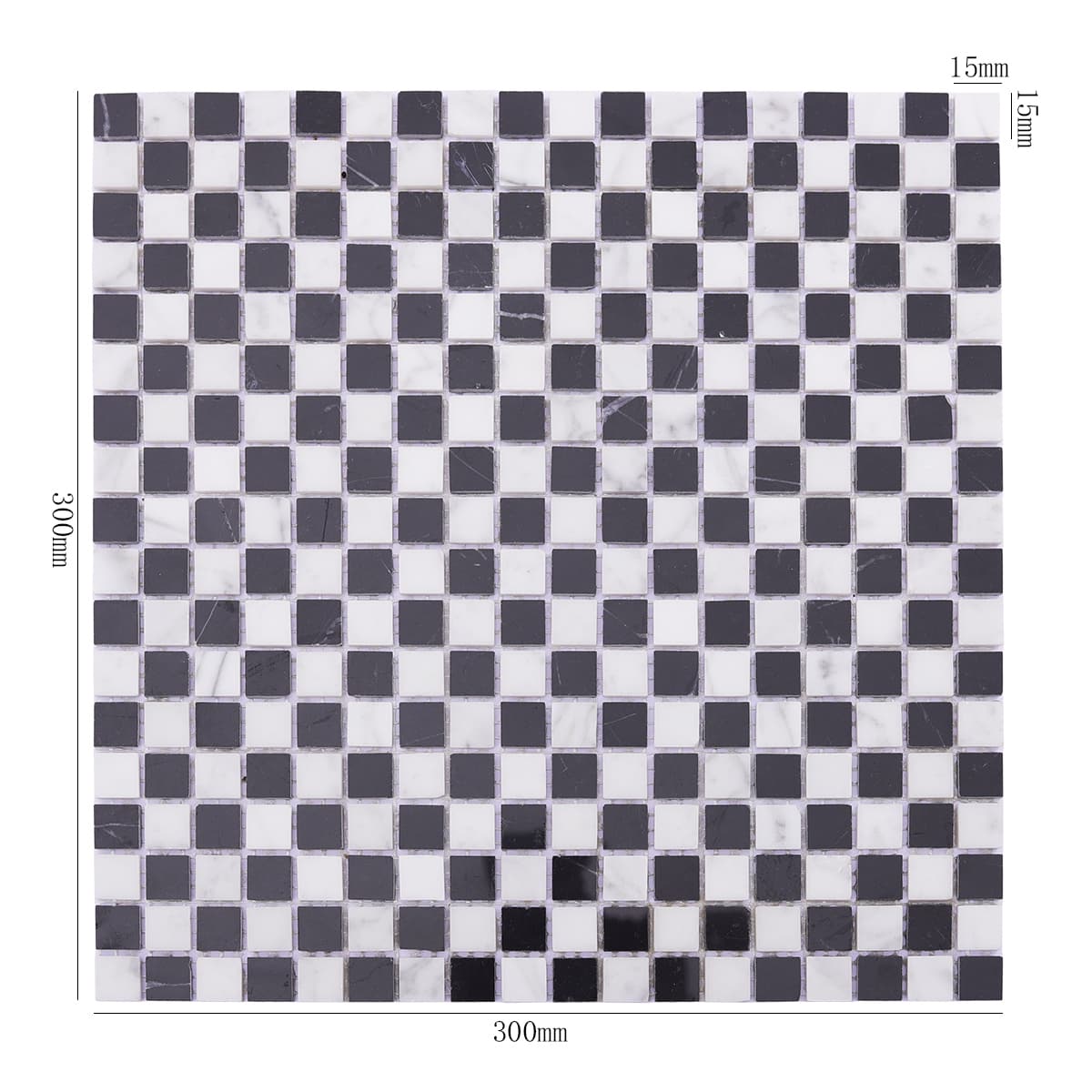 Black and white marble mosaic tile with 15mm squares and 300x300mm sheet size
