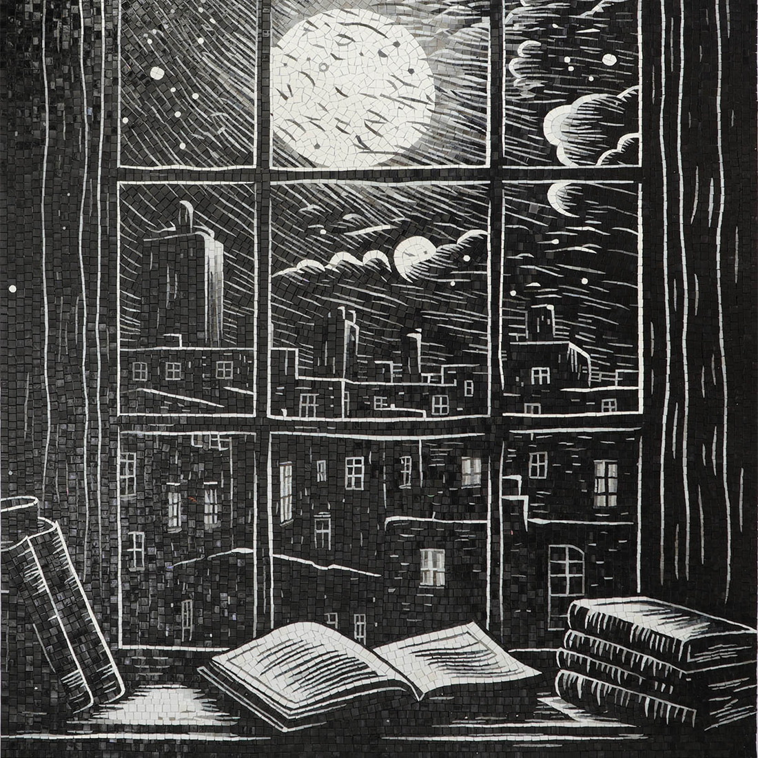 Black and white mosaic mural of a moonlit city seen through a window