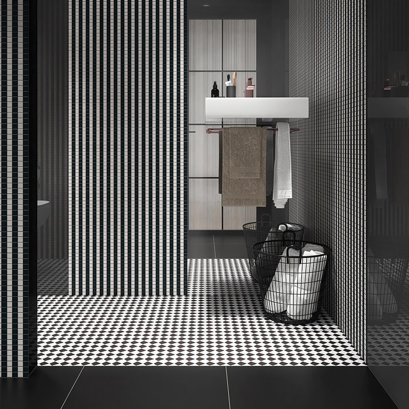 Black and white mosaic tiles with vertical stripes and dotted floor in modern bathroom