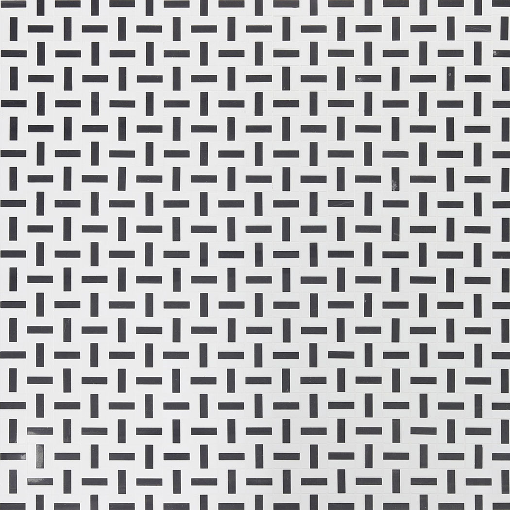 Full view of black and white mosaic tile pattern in a geometric layout