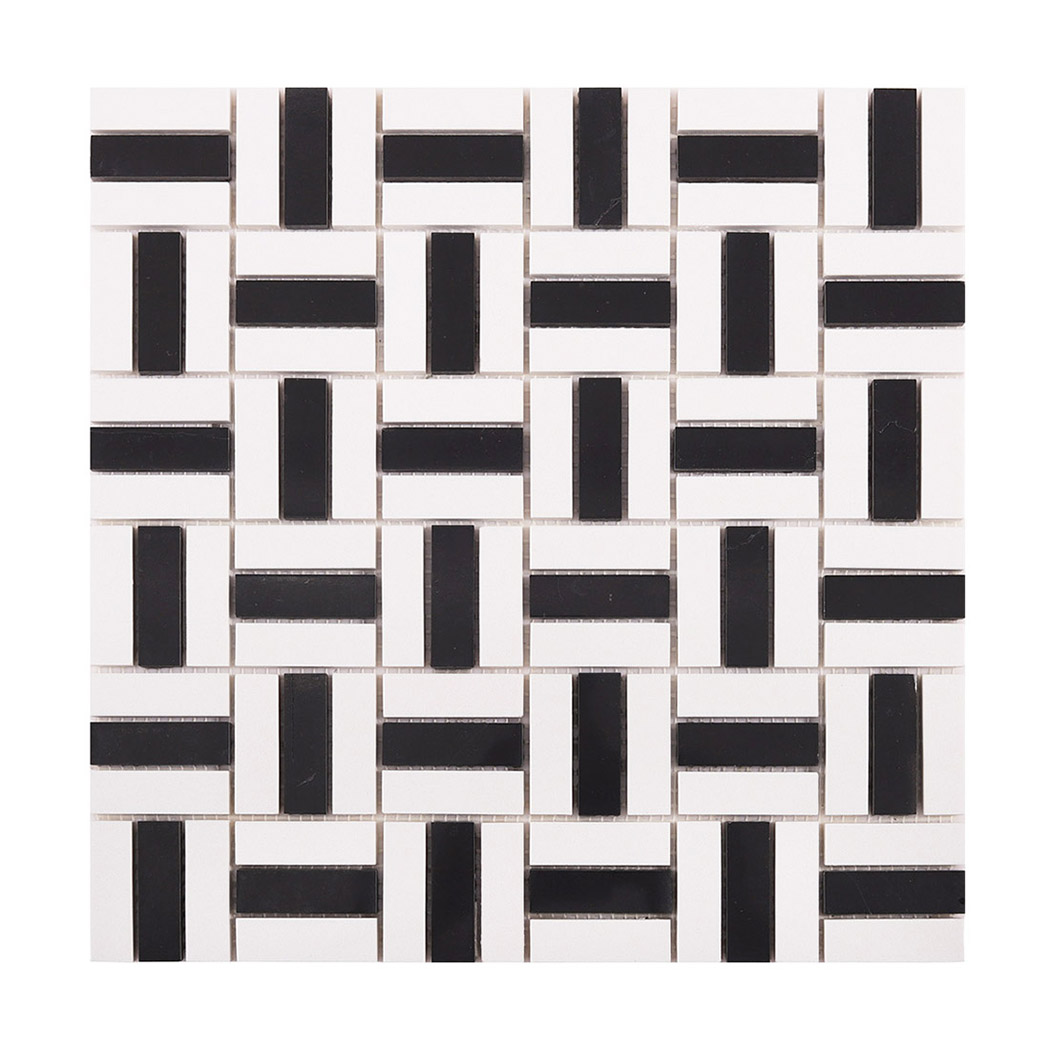 Front view of black and white mosaic tile sheet with interlocking pattern