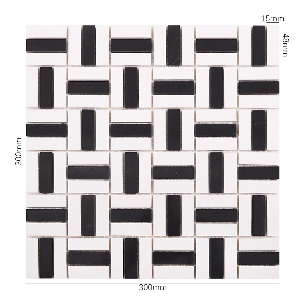 Black and white mosaic tile sheet with size details 300x300 mm and 15x48 mm pieces