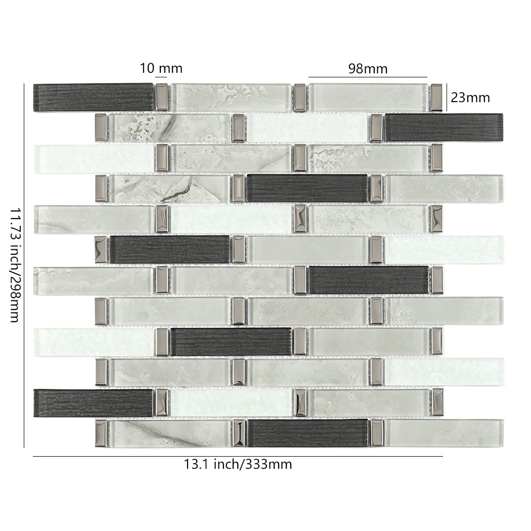 Black white and silver glass linear mosaic tile sheet with 98x23mm long chips