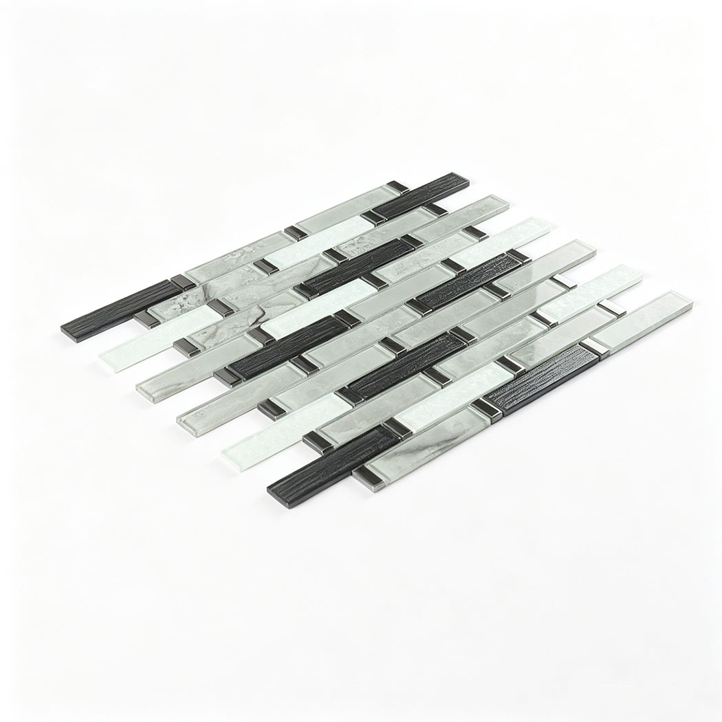 Perspective view of black white and silver glass linear mosaic sample sheet