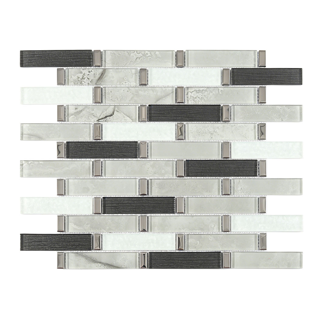 Black white and silver glass linear mosaic tile sheet in staggered strip pattern