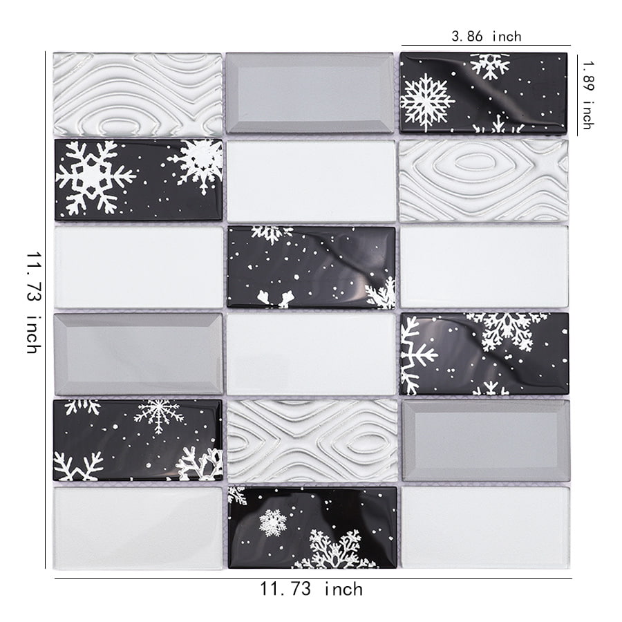 Black and white snowflake rectangular glass mosaic tile with size measurements