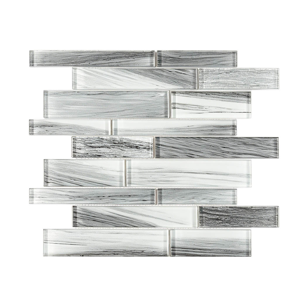 Black and white veined linear glass mosaic sheet with staggered long strips