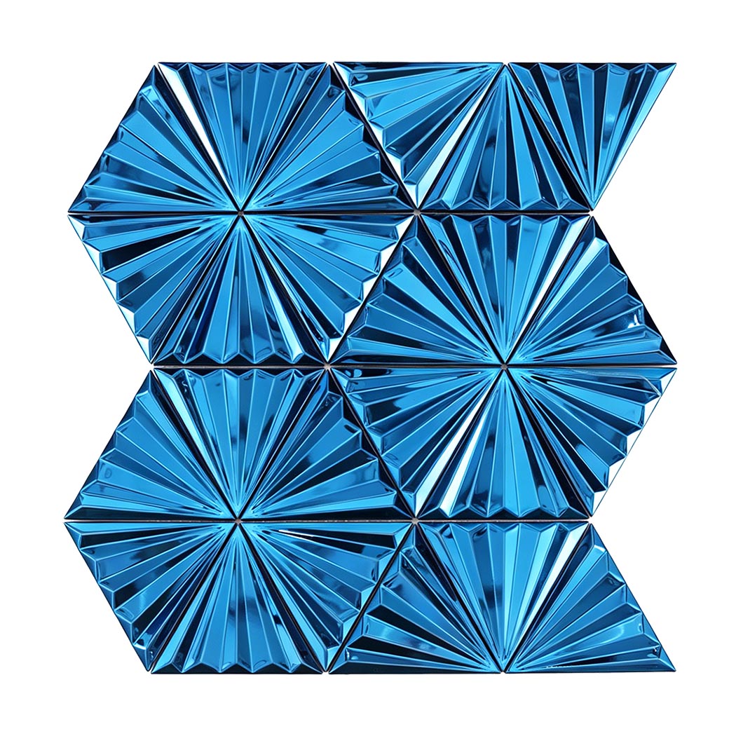 Front view of blue 3D fan triangle metal mosaic tile sheet