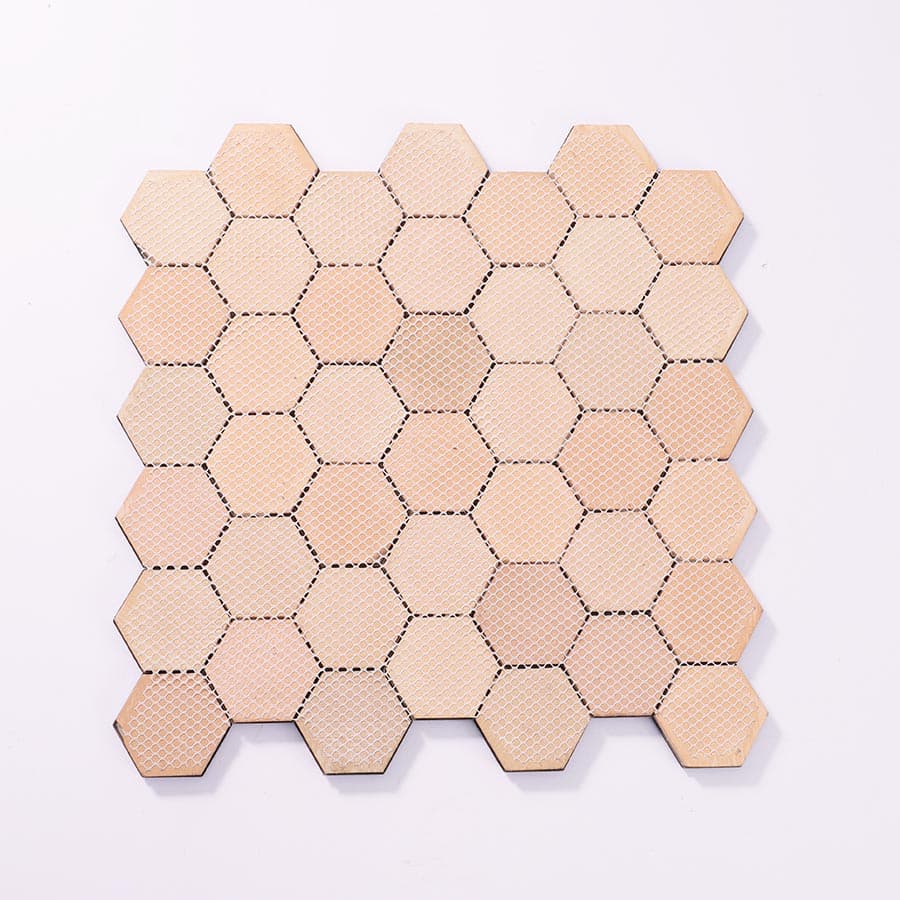 Back view of blue 3D hexagon stainless steel tile with mesh