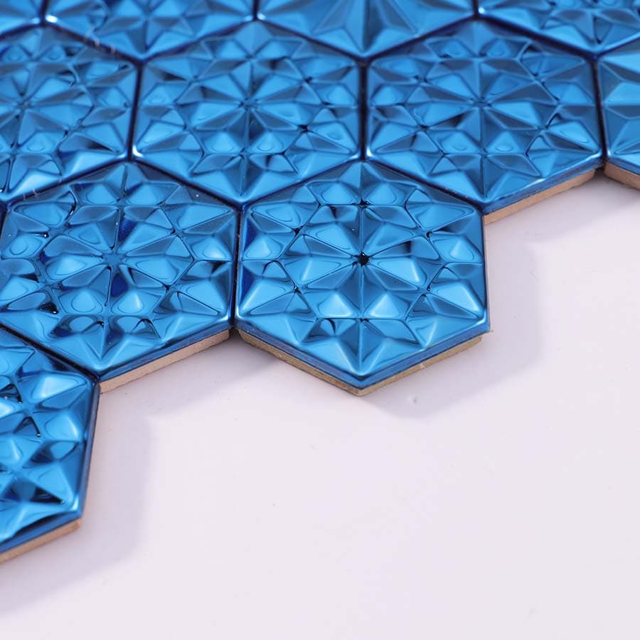 Edge close-up of blue 3D hexagon stainless steel tile