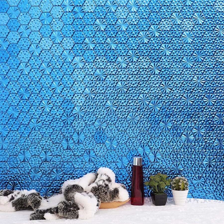 Interior decor with blue 3D hexagon stainless steel tile wall